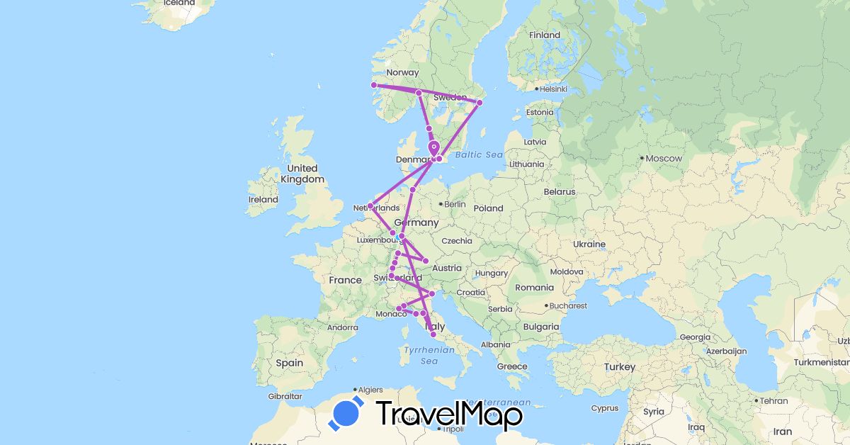 TravelMap itinerary: driving, train, boat in Switzerland, Germany, Denmark, Italy, Netherlands, Norway, Sweden (Europe)