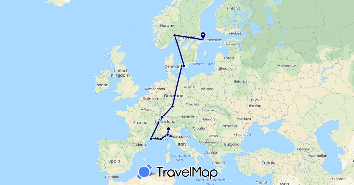TravelMap itinerary: driving, boat in Switzerland, Germany, Denmark, France, Italy, Norway, Sweden (Europe)