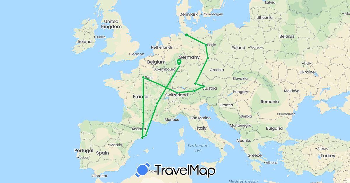 TravelMap itinerary: driving, bus in Austria, Switzerland, Germany, Spain, France (Europe)